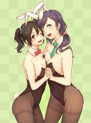 Rule 34 | 10s, 2girls, ;d, animal ears, bad id, bad pixiv id, black hair, black legwear, bow, bowtie, breast press, breasts, checkered background, cleavage, detached collar, fake animal ears, green background, green eyes, green necktie, holding hands, kagari (kgr 000), large breasts, leotard, long hair, love live!, love live! school idol project, multiple girls, necktie, one eye closed, open mouth, pantyhose, playboy bunny, purple hair, rabbit ears, rabbit tail, red eyes, short necktie, small breasts, smile, tail, thighband pantyhose, tojo nozomi, twintails, yazawa nico