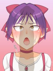 Rule 34 | 1girl, artist name, blush, bow, collar, erection, fang, gegege no kitarou, gradient background, hair bow, highres, imminent fellatio, kaiduka akuta, looking at penis, nekomusume, open mouth, penis awe, penis shadow, pointy ears, purple hair, shadow, short hair, simple background, solo, sweat, text focus, translation request, upper body, wavy mouth, yellow eyes