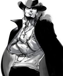 Rule 34 | 1boy, crossed arms, dracule mihawk, hat, hat feather, jacket, jacket on shoulders, jewelry, male focus, monochrome, muscular, necklace, one piece, open clothes, open shirt, realistic, shirt, solo, spot color, yellow eyes