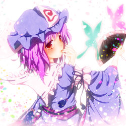 Rule 34 | 1girl, bad id, bad pixiv id, blush, bug, butterfly, hand fan, female focus, hat, highres, bug, japanese clothes, looking back, nail polish, neo1031, pink hair, red eyes, red nails, saigyouji yuyuko, short hair, solo, touhou