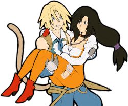 Rule 34 | 00s, 1boy, 1girl, ankle boots, bad id, bad tumblr id, blonde hair, blue eyes, blush, bodysuit, boots, breasts, brown hair, carrying, cleavage, final fantasy, final fantasy ix, garnet til alexandros xvii, gem, gloves, jewelry, long hair, low-tied long hair, necklace, princess carry, tabletorgy, tail, transparent background, zidane tribal
