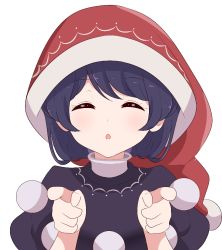 Rule 34 | 1girl, :o, ^ ^, bad id, bad pixiv id, black dress, blue hair, blush, closed eyes, commentary, doremy sweet, dress, english commentary, facing viewer, hands up, hat, nightcap, parted lips, pointing, pointing at viewer, pom pom (clothes), red hat, short hair, short sleeves, simple background, solo, touhou, upper body, white background, yukome