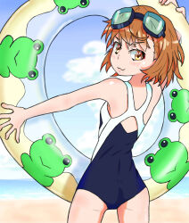 Rule 34 | 1girl, 2021, 20s, :3, absurdres, ass, bare shoulders, beach, blush, breasts, brown eyes, brown hair, chibihei, competition swimsuit, day, flat chest, from behind, gekota, goggles, goggles on head, highres, innertube, looking at viewer, looking back, matching hair/eyes, misaka mikoto, ocean, one-piece swimsuit, outdoors, sand, school swimsuit, short hair, sky, small breasts, smile, solo, standing, swim ring, swimsuit, thighs, toaru kagaku no railgun, toaru majutsu no index, tokiwadai school swimsuit, water