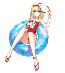 Rule 34 | 1girl, absurdres, anklet, blonde hair, blue eyes, bracelet, casual one-piece swimsuit, cellphone, closers, feet, full body, hairband, hand fan, highres, holding, holding fan, holding phone, innertube, jewelry, looking at viewer, official art, one-piece swimsuit, phone, red one-piece swimsuit, red star alliance, sandals, seulbi lee, smile, solo, swim ring, swimsuit, toes, transparent background, white background