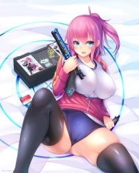 Rule 34 | 1girl, :d, black thighhighs, blue buruma, blue eyes, blush, breasts, buruma, gym uniform, highres, holding, impossible clothes, impossible shirt, jacket, large breasts, looking at viewer, ooyama kina, open mouth, original, pink hair, ponytail, recursion, red jacket, shiny skin, shirt, short hair, smile, solo, spread legs, thighhighs, thighs, track jacket, white shirt
