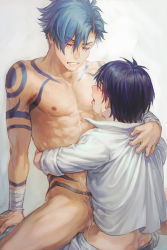 Rule 34 | 2boys, abs, anal, arm tattoo, bad id, bad pixiv id, blouse, blue hair, blush, changye, chest tattoo, clothed male nude male, collared shirt, cowgirl position, cum, cum on chest, ejaculating while penetrated, ejaculation, implied anal, kamina (ttgl), male focus, male penetrated, male pubic hair, multiple boys, muscular, muscular arms, muscular back, muscular legs, muscular male, nipples, nude, pectorals, pubic hair, sex, shirt, simon (ttgl), size difference, smaller dominant, spread legs, straddling, sucking male nipple, tattoo, tears, tengen toppa gurren lagann, thighs, toned, toned male, toned stomach, upright straddle, white background, white shirt, yaoi
