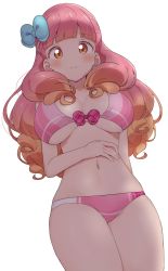 Rule 34 | 1girl, aikatsu! (series), aikatsu friends!, arm at side, arm behind back, bad id, bad pixiv id, bikini, blue bow, blunt bangs, blush, bow, bow bikini, breasts, closed mouth, collarbone, curly hair, from below, frown, furrowed brow, gradient hair, groin, hair bow, hair over shoulder, hand on own stomach, highres, large breasts, legs together, long hair, looking at viewer, mukuba, multicolored hair, navel, orange eyes, orange hair, pink bikini, pink hair, plaid, plaid bow, simple background, swimsuit, thick thighs, thighs, two-tone hair, underboob, white background, yuki aine