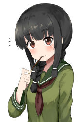 Rule 34 | 1girl, black hair, blush, braid, brown eyes, commentary request, food, highres, kantai collection, kitakami (kancolle), long hair, looking at viewer, mouth hold, okitsugu, pocky, pocky day, revision, school uniform, serafuku, simple background, single braid, sketch, smile, solo, white background