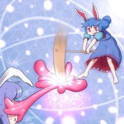 Rule 34 | 2girls, :x, animal ears, barefoot, blue dress, blue hair, blue skirt, rabbit ears, commentary request, dress, kine, legacy of lunatic kingdom, mallet, multiple girls, ponytail, puffy short sleeves, puffy sleeves, purple hair, red eyes, reisen udongein inaba, seiran (touhou), shirosato, short sleeves, skirt, sweat, touhou