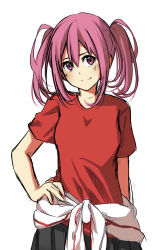 Rule 34 | 1girl, blush, chiiririn, closed mouth, female focus, hand on own hip, highres, looking at viewer, original, pink eyes, pink hair, red shirt, shirt, short hair, simple background, smile, solo, t-shirt, twintails, white background