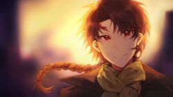 Rule 34 | 1boy, black jacket, blurry, blurry background, braid, brown hair, commentary, green scarf, harada minoru, highres, jacket, looking at viewer, male focus, open clothes, open jacket, portrait, red eyes, saibou shinkyoku, scar, scar on face, scar on forehead, scarf, single braid, siyuyuan82128, smile, solo, symbol-only commentary