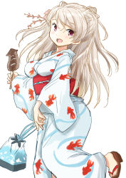 Rule 34 | 1girl, animal print, bag, breasts, conte di cavour (kancolle), fish print, food, fuji (pixiv24804665), grey hair, hair ornament, highres, holding, holding food, japanese clothes, kantai collection, kimono, long hair, obi, official alternate costume, okobo, open mouth, purple eyes, sandals, sash, simple background, solo, white background, wide sleeves, yukata