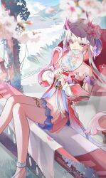 1girl absurdres bare_legs bare_shoulders blurry blurry_foreground chinese_commentary collarbone colored_eyelashes commentary_request dress earrings eastern_dragon_horns flower hair_flower hair_ornament hand_fan highres holding holding_fan horns huqu_(huqu45712) jewelry jinhsi_(peach_blossom)_(wuthering_waves) jinhsi_(wuthering_waves) long_hair multicolored_hair official_alternate_costume outdoors pink_dress pink_flower pink_horns pink_pupils sitting solo strapless strapless_dress streaked_hair white_eyes white_hair wuthering_waves