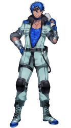 Rule 34 | 1boy, belt, black belt, black eyes, black hair, black headband, blue choker, blue gloves, blue hair, blue shirt, boots, breast pocket, camouflage, camouflage shirt, choker, collarbone, creatures (company), cross-laced footwear, full body, game freak, gen 5 pokemon, gloves, grin, hair between eyes, headband, holding, holding map, katagiri hachigou, knee pads, lace-up boots, legs apart, male focus, map, multicolored hair, nintendo, partially fingerless gloves, pectoral cleavage, pectorals, personification, pocket, pokemon, sawk, shirt, short hair, simple background, smile, solo, standing, teeth, white background