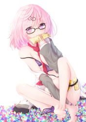 Rule 34 | 2girls, absurdres, barefoot, between breasts, black-framed eyewear, bra, breasts, card, cleavage, fate/grand order, fate (series), glasses, hair between eyes, hair ornament, highres, holding, holding card, indian style, jacket, jiang xin, long hair, looking at viewer, mash kyrielight, medium breasts, multiple girls, navel, necktie, necktie between breasts, off shoulder, open clothes, open jacket, pink hair, purple bra, purple eyes, red necktie, simple background, sitting, solo, striped bra, striped clothes, thigh strap, underboob, underwear, white background