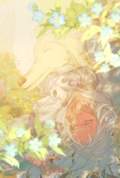 Rule 34 | 1girl, afghan hound, argos (ff14), blue flower, braid, capelet, closed eyes, collarbone, commentary request, cowboy shot, dappled sunlight, day, dog, drawstring, final fantasy, final fantasy xiv, flower, from above, grass, hair spread out, half updo, highres, korean commentary, leaf, long hair, lying, mask, mask around neck, on back, on grass, outdoors, robe, shrimp sandwich, single braid, smile, sophist&#039;s robe (ff14), sunlight, unworn mask, venat (ff14), white capelet, white hair, white robe