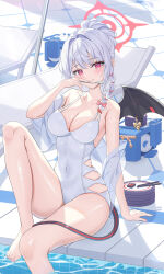 Rule 34 | 1girl, absurdres, bare arms, bare legs, bare shoulders, barefoot, black tail, black wings, blue archive, blush, breasts, cleavage, closed mouth, covered navel, fake wings, grey hair, halo, haruna (blue archive), haruna (swimsuit) (blue archive), highres, holding, holding spoon, kesa pasa, large breasts, long hair, looking at viewer, one-piece swimsuit, pool, red eyes, red halo, single wing, sitting, smile, solo, spoon, swimsuit, water, white one-piece swimsuit, wings