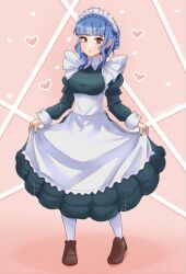 Rule 34 | 1girl, absurdres, angryforks, apron, blue dress, blue hair, blush, braid, breasts, brown eyes, brown footwear, commentary, crown braid, dress, english commentary, fire emblem, fire emblem: three houses, full body, heart, highres, juliet sleeves, long sleeves, looking at viewer, maid, maid headdress, marianne von edmund, medium breasts, nintendo, official alternate costume, pantyhose, puffy sleeves, shoes, short hair, sidelocks, skirt hold, solo, waist apron, white apron, white pantyhose