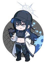 Rule 34 | 1girl, baseball cap, black footwear, black gloves, black hair, black hat, black pants, blue archive, blue eyes, blue hair, boots, breasts, chibi, commentary, crop top, full body, gloves, groin, halo, hand in pocket, hat, holding, jacket, long sleeves, looking away, medium breasts, midriff, multicolored hair, navel, nyaru (nyaru 4126), off shoulder, open clothes, open jacket, pants, parted lips, puffy long sleeves, puffy sleeves, saori (blue archive), smile, solo, standing, two-tone hair, v-shaped eyebrows, white background, white jacket