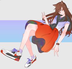 Rule 34 | 1girl, alternate costume, animal ears, basket, brown hair, capelet, casual, dress, full body, gradient background, grey background, imaizumi kagerou, long hair, looking at viewer, oasis-lyla, red eyes, shoes, simple background, sleeveless, smile, sneakers, solo, touhou, v, watch, wolf ears, wristwatch