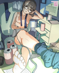 Rule 34 | 1girl, armpits, barefoot, breasts, calendar (object), can, casual nudity, computer, drawing tablet, drink, drink can, feet, female focus, foot focus, foreshortening, fujoshi, glasses, head rest, highres, keyboard (computer), legs, lingerie, looking at viewer, nipples, no bra, nude, nude in front of computer, nudist, original, short hair, sitting, socks, soda can, soles, solo, underwear, yasumori zen