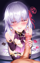 Rule 34 | 1boy, 1girl, after fellatio, armlet, armor, bare shoulders, bikini armor, blush, bottomless, breasts, censored, collar, collarbone, commentary request, condom, condom wrapper, cum, cum on hands, cum string, dress, earrings, erection, facial, fate/grand order, fate (series), floral print, hair ribbon, handjob, heart, heart-shaped pupils, hetero, highres, huge penis, jewelry, kama (fate), kama (first ascension) (fate), large penis, licking lips, looking at viewer, m-da s-tarou, metal collar, mosaic censoring, nail polish, pelvic curtain, penis, pov, purple dress, red eyes, red ribbon, ribbon, short hair, silver hair, sitting, small breasts, smile, spoken heart, symbol-shaped pupils, tearing up, thighlet, thighs, tongue, tongue out, used condom