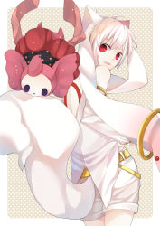 Rule 34 | 10s, androgynous, animal ears, bad id, bad pixiv id, biting, charlotte (madoka magica), gender request, kyubey, looking back, mahou shoujo madoka magica, mahou shoujo madoka magica (anime), mia0309, personification, pink hair, red eyes, shorts, tail, twintails, white hair