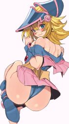 Rule 34 | 1girl, absurdres, ass, bare shoulders, blonde hair, blue eyes, blue footwear, blue hat, blue leotard, blush stickers, boots, closed mouth, dark magician girl, duel monster, facing away, full body, hair between eyes, hat, highres, huge ass, leotard, long hair, looking at viewer, looking back, magical girl, pink skirt, pleated skirt, simple background, skirt, solo, wedgie, white background, whoopsatro, wide hips, wizard hat, yu-gi-oh!