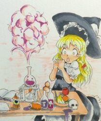 Rule 34 | 1girl, apron, banana, black hat, black skirt, black vest, blonde hair, book, bottle, bow, braid, can, chemistry, cup, explosion, food, frilled apron, frills, fruit, fruit bowl, hair bow, hat, kirisame marisa, long hair, looking at object, marker (medium), open book, own hands together, puffy short sleeves, puffy sleeves, red bow, shirt, short sleeves, single braid, skirt, skull, solo, table, touhou, traditional media, umikaji, vest, waist apron, white apron, white shirt, witch hat, wooden table, yellow eyes