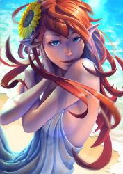 Rule 34 | 1girl, absurdres, aqua eyes, bare shoulders, beach, bo xun lin, breasts, brown hair, day, dress, fairy, flower, hair flower, hair ornament, hand on own face, highres, large breasts, lips, long hair, looking at viewer, medium breasts, ocean, original, photoshop (medium), pointy ears, red hair, seductive smile, see-through, sideboob, sky, smile, solo, sundress, sunflower, water, wet, wet clothes, wet dress, white dress