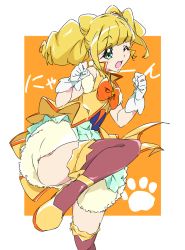 Rule 34 | 1girl, ;d, blonde hair, blunt bangs, brown thighhighs, cone hair bun, cure sparkle, gloves, green eyes, hair bun, hands up, healin&#039; good precure, hiramitsu hinata, looking at viewer, magical girl, one eye closed, open mouth, orange background, precure, short hair, smile, solo, standing, standing on one leg, thighhighs, twintails, umanosuke, white gloves