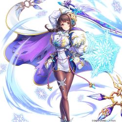 Rule 34 | armor, braid, braided ponytail, breastplate, breasts, brown eyes, brown hair, brynhildr (kamihime), buttons, cape, dress, gloves, hip armor, holding, holding sword, holding weapon, huge breasts, ice, kamihime project, legband, magic, official art, pantyhose, snowflakes, solo, sword, tight clothes, tight dress, weapon, white cape, white dress