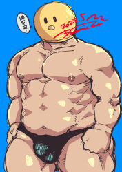 Rule 34 | 1boy, abs, bara, belly, black male underwear, blue background, briefs, bulge, dated, doromizu (doromiez), duck mask, feet out of frame, large pectorals, male focus, male underwear, muscular, muscular male, navel, nipples, oshi no ko, pectorals, pieyon, solo, standing, stomach, thick thighs, thighs, topless male, translation request, ugly man, underwear, unfinished