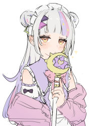 Rule 34 | 1girl, absurdres, closed mouth, commentary request, crescent moon, double bun, dress, hair bun, highres, holding, holding staff, hololive, jacket, light blush, long hair, long sleeves, looking at viewer, moon, multicolored hair, murasaki shion, murasaki shion (magical girl maid), off shoulder, oisiimizu, orange eyes, pink hair, pink jacket, purple dress, purple hair, simple background, sleeveless, sleeveless dress, solo, sparkle, staff, star (symbol), streaked hair, upper body, virtual youtuber, white background, white hair