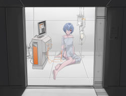 Rule 34 | 1girl, absurdres, ayanami rei, bandage over one eye, bandaged arm, bandaged leg, bandages, bare shoulders, barefoot, blue hair, cable, collarbone, commentary, electrical outlet, expressionless, full body, grey shirt, hair between eyes, hands on floor, highres, indoors, intravenous drip, looking at viewer, monitor, neon genesis evangelion, on floor, one eye covered, open door, red eyes, shirt, short hair, sitting, sliding doors, solo, strap slip, teizen (niwamaee), yokozuwari
