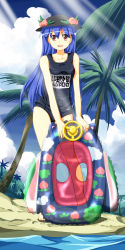Rule 34 | 1girl, :d, barefoot, beach, blue hair, female focus, hat, hinanawi tenshi, inflatable toy, light rays, long hair, name tag, one-piece swimsuit, open mouth, palm tree, red eyes, ruu (tksymkw), school swimsuit, smile, solo, sunbeam, sunlight, swimsuit, touhou, transparent, tree, water