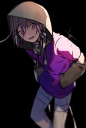 1boy bad_id bad_twitter_id black_background blurry blurry_foreground brown_hoodie danganronpa_(series) danganronpa_v3:_killing_harmony depth_of_field feet_out_of_frame gloves hair_between_eyes hands_in_pockets highres hood hood_up hoodie huyuharu0214 layered_sleeves long_sleeves looking_at_viewer lower_teeth_only male_focus open_mouth oma_kokichi pants pink_eyes purple_eyes purple_hair purple_sweater short_over_long_sleeves short_sleeves signature simple_background smile solo sweater teeth white_pants