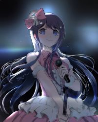 Rule 34 | 1girl, bow, commentary request, danganronpa: trigger happy havoc, danganronpa (series), dress, fur trim, gradient background, hair bow, hair ornament, hairclip, holding, holding microphone, idol, long hair, looking at viewer, maizono sayaka, microphone, official alternate costume, pink bow, pink dress, qosic, signature, smile, solo, wrist cuffs