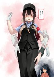 Rule 34 | 3girls, admiral (kancolle), black hair, black pants, black vest, blue hair, blue shirt, braid, brown eyes, closed mouth, commentary request, doushi tatsu to dekkai no, false smile, gloves, grabbing, grabbing another&#039;s breast, gradient background, hair between eyes, hat, high ponytail, highres, houshou (kancolle), isonami (kancolle), japanese clothes, kantai collection, kimono, knife, long sleeves, multiple girls, pants, pink kimono, ponytail, shirt, sidelocks, smile, solo focus, translation request, vest, white gloves