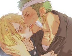 Rule 34 | 2boys, bandaged chest, bandaged head, bandages, beard, black shirt, blonde hair, blue eyes, blue shirt, colored skin, earrings, facial hair, flustered, grabbing another&#039;s hair, green hair, highres, imminent kiss, jewelry, looking at another, male focus, mature male, multiple boys, one piece, roronoa zoro, sanji (one piece), shirt, short hair, simple background, single earring, tan, teeth, white background, white skin, yaoi, yellow eyes, ynnn m