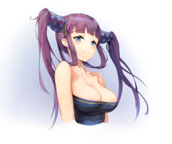Rule 34 | 1girl, 3:, bare shoulders, black dress, blue eyes, blunt bangs, blush, breasts, cleavage, closed mouth, collarbone, cropped torso, dress, fate/grand order, fate (series), frown, hair rings, highres, hinawii, large breasts, long hair, looking at viewer, mole, mole under eye, mole under mouth, purple hair, solo, strapless, strapless dress, twintails, upper body, yang guifei (fate), yang guifei (second ascension) (fate)