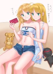 Rule 34 | &gt;:), &gt;:o, 2girls, :o, ahoge, alternate costume, alternate hairstyle, artoria pendragon (all), artoria pendragon (fate), bandeau, bare shoulders, berserker (fate/zero), black panties, blonde hair, blush, breasts, camisole, cellphone, character doll, cleavage, collarbone, cutoffs, denim, denim shorts, eyebrows, fang, fate/apocrypha, fate/stay night, fate (series), green eyes, groin, hair down, highres, long hair, midriff, mordred (fate), mordred (fate/apocrypha), mordred (memories at trifas) (fate), mother and daughter, multiple girls, navel, nipi27, open fly, open mouth, panties, pantyshot, phone, saber (fate), short shorts, shorts, sitting, sitting on lap, sitting on person, sleeveless, small breasts, smartphone, smile, strapless, stuffed animal, stuffed toy, sweat, sweatdrop, translated, tube top, unbuttoned, underwear, unzipped, v-shaped eyebrows, yuri
