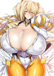 Rule 34 | 1girl, akikusa peperon, areola slip, blonde hair, blush, breasts, cleavage, covered erect nipples, formal, gigantic breasts, highres, kyoukaisenjou no horizon, long hair, looking at viewer, puffy nipples, smile, solo, suit, turenne, very long hair, wide hips, yellow eyes