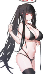 Rule 34 | 1girl, bare shoulders, bikini, black bikini, black hair, black thighhighs, blue archive, blunt bangs, blush, breasts, cleavage, collarbone, halo, highres, large breasts, long hair, looking at viewer, navel, ponytail, red eyes, rio (blue archive), silver (chenwen), solo, swimsuit, thighhighs, thighs