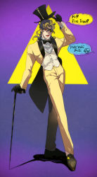 Rule 34 | 1boy, alternate costume, anger vein, bill cipher, bill cipher (cosplay), black gloves, bow, bowtie, cane, cosplay, dio brando, dipper pines, english text, eyepatch, facing viewer, formal, full body, gloves, gradient background, gravity falls, hat, highres, jojo no kimyou na bouken, kuujou joutarou, less end, not present, purple background, romaji text, simple background, solo, speech bubble, spoken character, stardust crusaders, suit, three-piece suit, top hat, traditional bowtie, triangle, tuxedo, vest, waistcoat, yellow suit