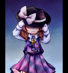 Rule 34 | 1girl, bow, brown hair, crying, hat, hat bow, hat over eyes, long sleeves, lowres, pote (ptkan), shirt, skirt, skirt set, solo, tears, touhou, usami sumireko, vest, wavy mouth