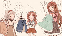 Rule 34 | 0 0, 3girls, beige blouse, blouse, blue sailor collar, blunt bangs, brown hair, brown skirt, closed eyes, frilled skirt, frills, gloves, green eyes, grey hair, hairband, hat, helena (kancolle), holding, holding clothes, kantai collection, long hair, low twintails, mikura (kancolle), multiple girls, official alternate costume, pink shirt, pleated skirt, puffy short sleeves, puffy sleeves, red hairband, red skirt, sailor collar, sailor hat, sailor shirt, school uniform, serafuku, shirt, short sleeves, skirt, thighhighs, translation request, twintails, wavy hair, white gloves, white legwear, white shirt, wss (nicoseiga19993411), yashiro (kancolle)