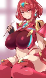 Rule 34 | 1girl, belly, black gloves, blush, breasts, chest jewel, fingerless gloves, gem, gloves, highres, konno tohiro, large breasts, looking at viewer, mimikaki, plump, pyra (xenoblade), red eyes, red hair, red shorts, short hair, shorts, smile, solo, swept bangs, thighhighs, thighs, tiara, xenoblade chronicles (series), xenoblade chronicles 2