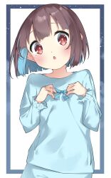Rule 34 | 1girl, :o, blue hair, blue pajamas, blunt bangs, blunt ends, border, brown eyes, brown hair, colored inner hair, commentary, hands on own chest, head tilt, highres, hozuki momiji, light blush, long sleeves, looking at viewer, multicolored hair, onii-chan wa oshimai!, pajamas, short hair, simple background, solo, suta0822, two-tone hair, upper body, white background