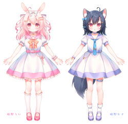 Rule 34 | 2girls, :o, animal ear fluff, animal ears, black hair, blue bow, blue collar, blue neckwear, blush, bow, braid, breasts, brown bow, character name, collar, commentary request, copyright request, dress, frilled legwear, hair between eyes, hair bow, hair ornament, hairclip, kneehighs, looking at viewer, medium breasts, multiple girls, necktie, parted lips, pink hair, pink sailor collar, pleated dress, puffy short sleeves, puffy sleeves, purple footwear, purple sailor collar, rabbit ears, red eyes, red footwear, sailor collar, sailor dress, shoes, short sleeves, simple background, single wrist cuff, smile, socks, standing, tail, tie clip, translation request, two side up, usashiro mani, virtual youtuber, white background, white bow, white dress, white legwear, wrist cuffs, x hair ornament